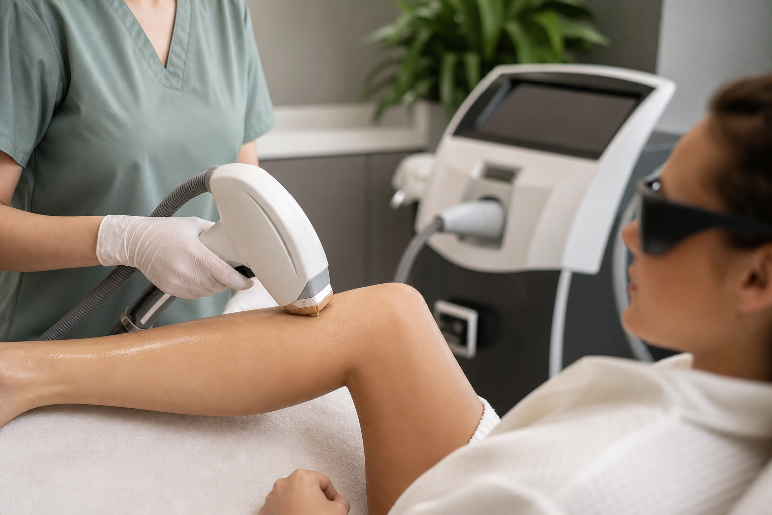 Therapist performing laser hair reduction treatment on a lower leg