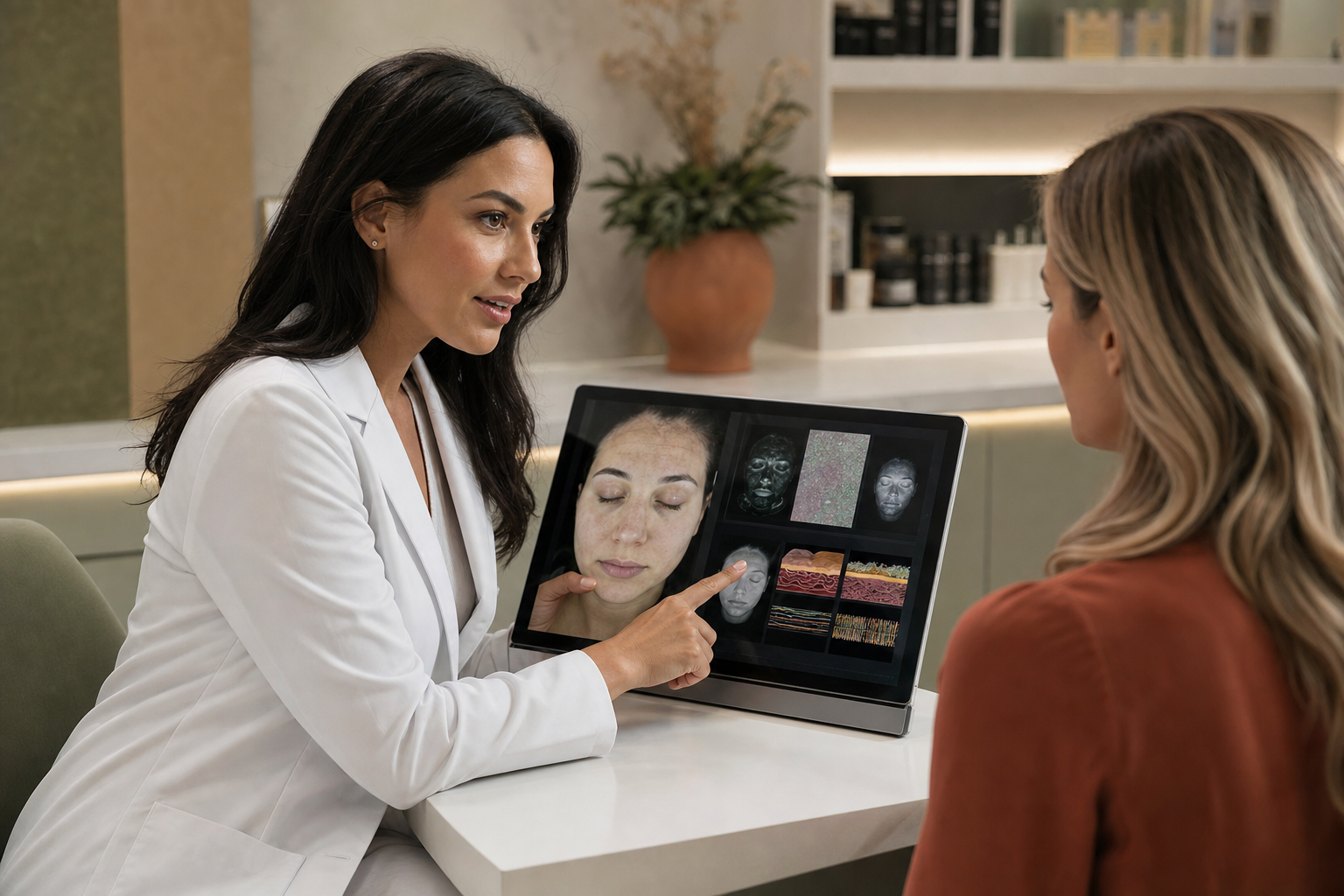 Skin therapist reviewing digital skin analysis with a client