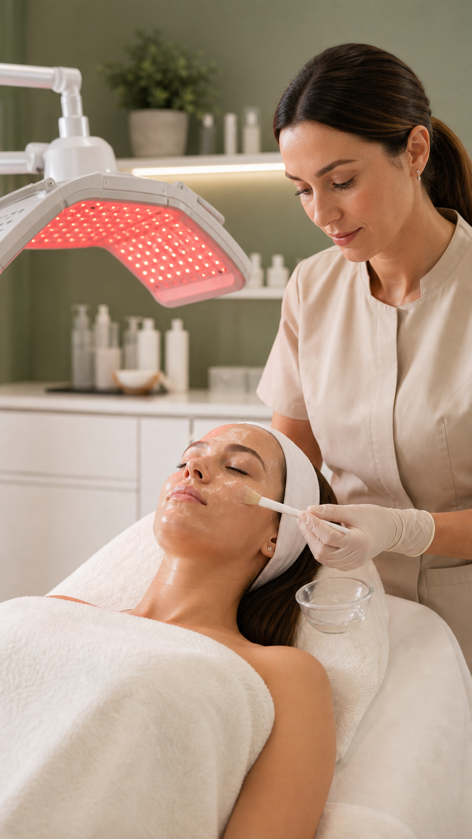 Client receiving an advanced facial and LED skin treatment
